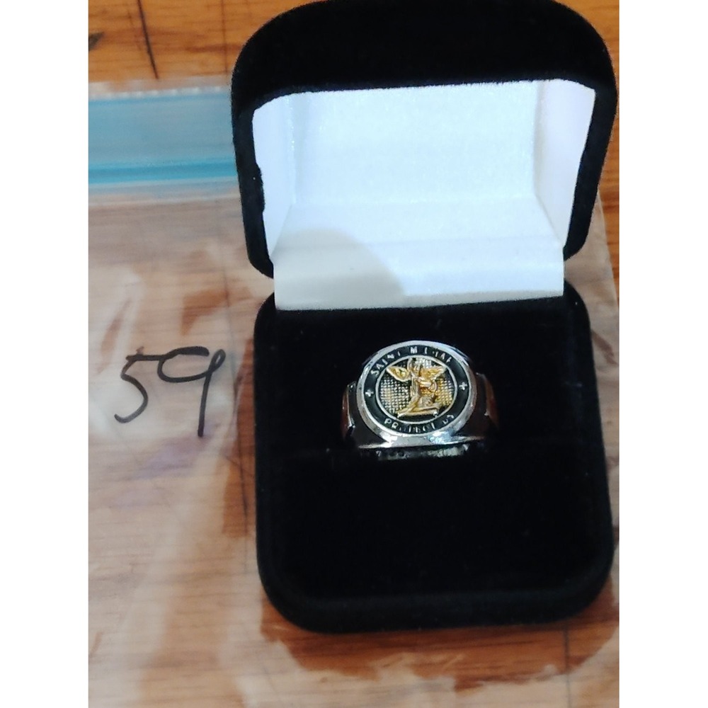 Saint Michael Protect Us Signet Ring 925 Sterling Silver Mens Size 9 Two Tone